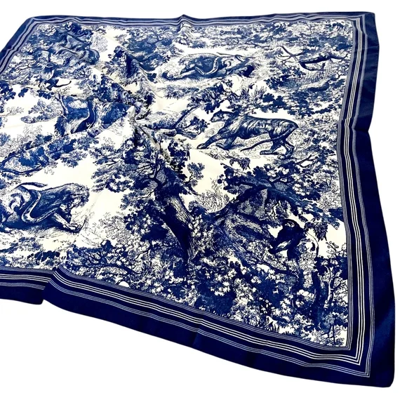 Floral Satin Square Scarf Blue White 35" Head Hair Neck Bandana Preppy New - Picture 7 of 17